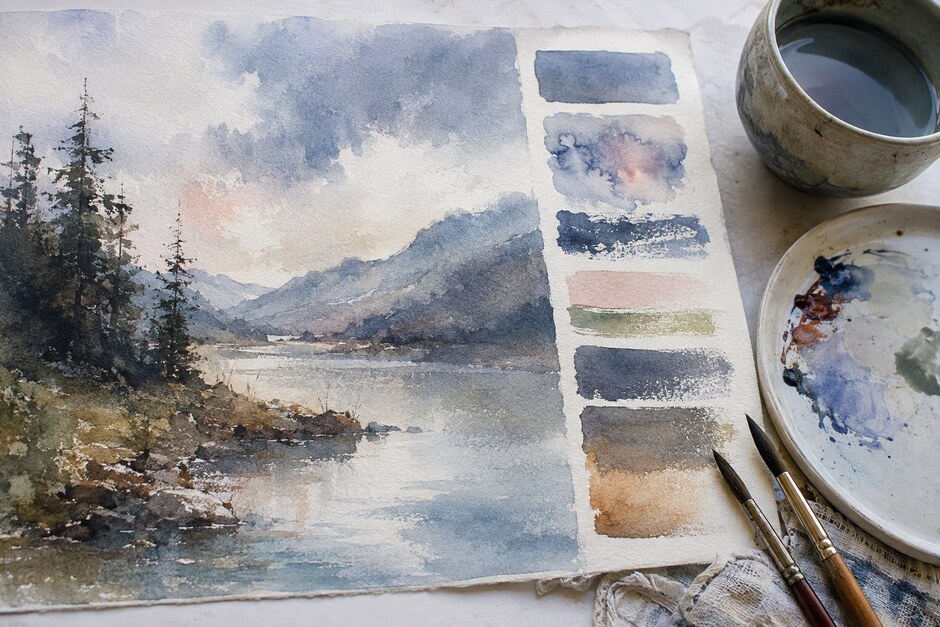 A watercolor landscape with transparent wash tests, brushes, palette, and varied edges.