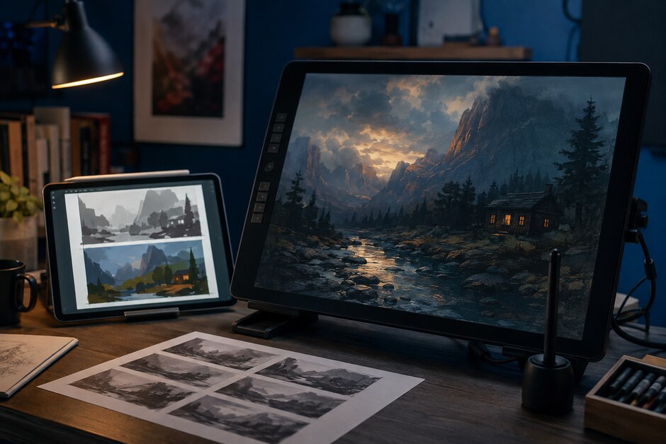 A digital artist workspace showing rough value studies, color stages, and a polished landscape.