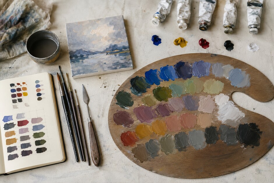 A focused acrylic palette with mixed color families, brushes, and a small landscape study.