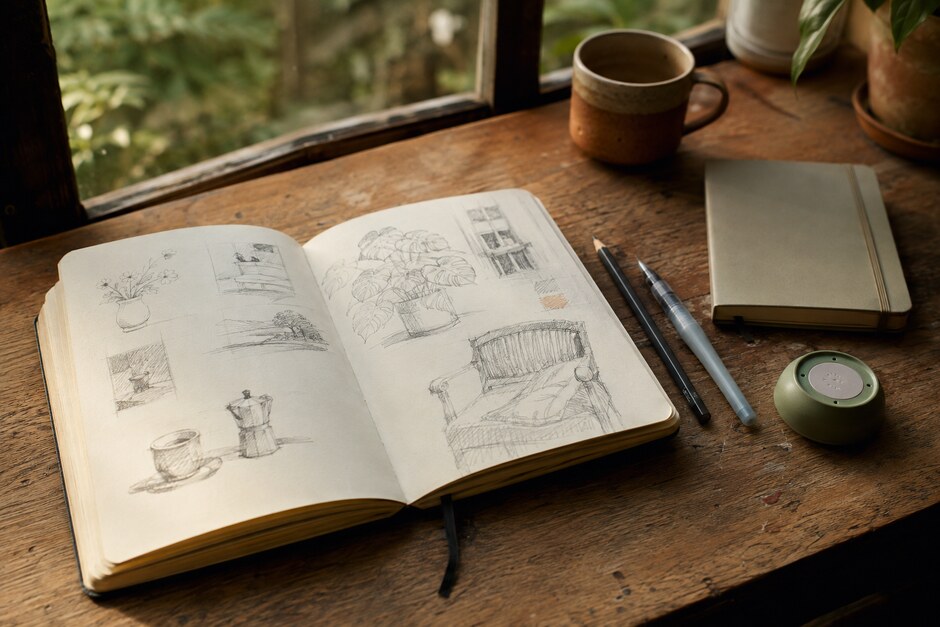 An open daily sketchbook with loose observational drawings beside simple drawing tools.