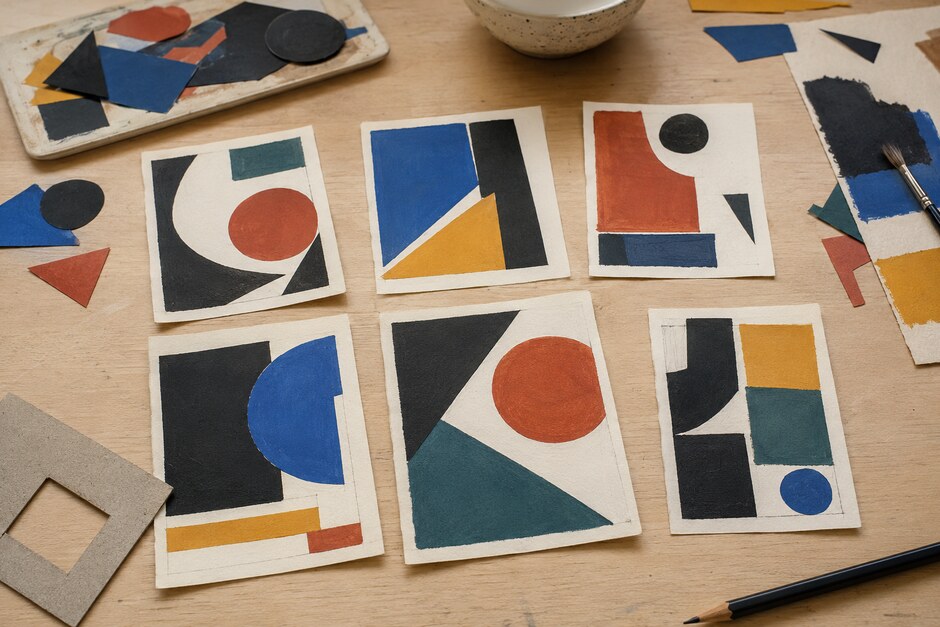 Six painted thumbnail compositions built from bold geometric shapes and negative space.