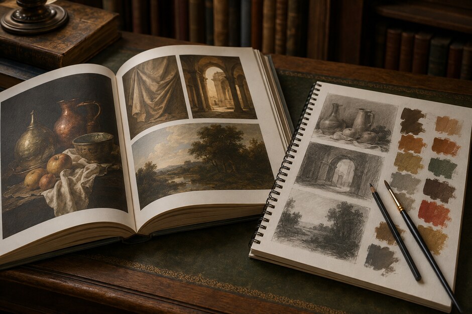 An art reference book beside contemporary value sketches and historical palette studies.